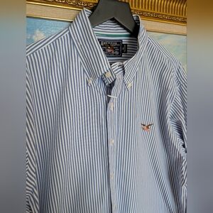 Eagle Embroidery Logo Blue and White Striped Casual Button-Down Shirt